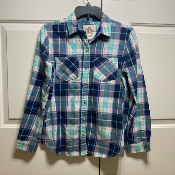 So Brand Women's Flannel Button-Up Shirt Size Medium Turquoise Blue White Plaid - Picture 3 of 7
